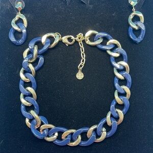 R J Graziano Blue & Gold Chunky Chain Necklace & Earring Set